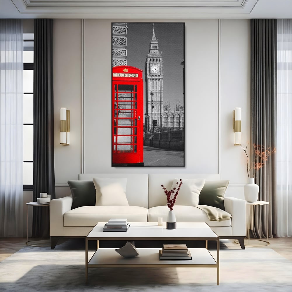 Tablou Canvas Premium, LuxCanva® O1038, Fereastra spre Londra, Britanic, Big Ben, Cabina Telefon, Londra, Capitala, Monarhie, Calatorie, Arhitectura, Traditie, Istorie, Rosu, Birou, Living, Dormitor