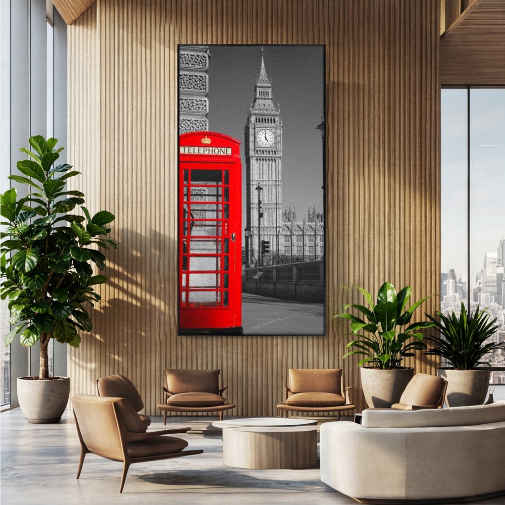 Tablou Canvas Premium, LuxCanva® O1038, Fereastra spre Londra, Britanic, Big Ben, Cabina Telefon, Londra, Capitala, Monarhie, Calatorie, Arhitectura, Traditie, Istorie, Rosu, Birou, Living, Dormitor
