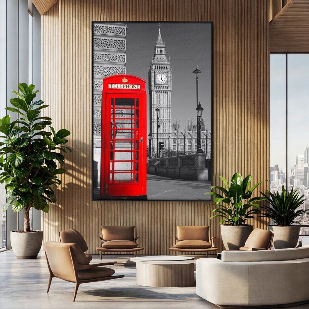 Tablou Canvas Premium, LuxCanva® O1038, Fereastra spre Londra, Britanic, Big Ben, Cabina Telefon, Londra, Capitala, Monarhie, Calatorie, Arhitectura, Traditie, Istorie, Rosu, Birou, Living, Dormitor
