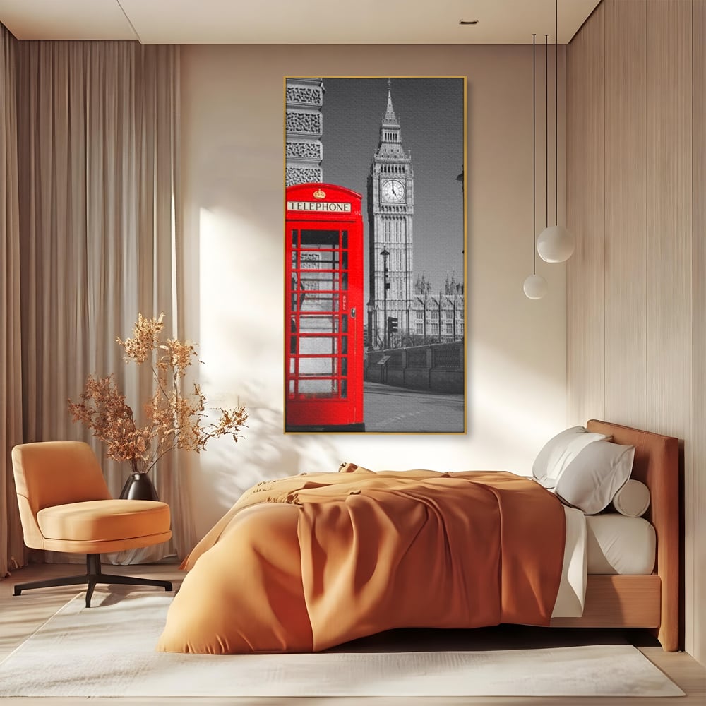 Tablou Canvas Premium, LuxCanva® O1038, Fereastra spre Londra, Britanic, Big Ben, Cabina Telefon, Londra, Capitala, Monarhie, Calatorie, Arhitectura, Traditie, Istorie, Rosu, Birou, Living, Dormitor