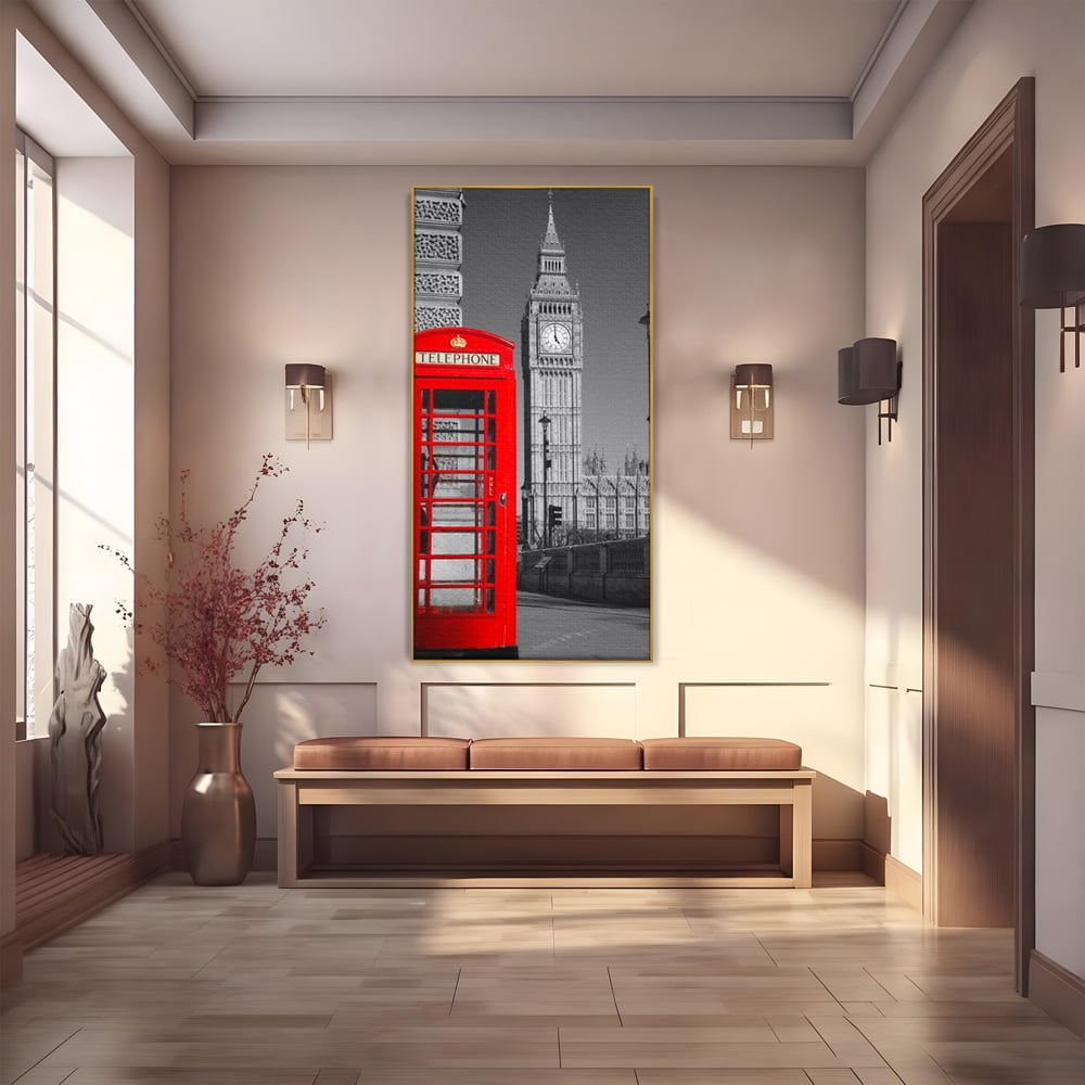 Tablou Canvas Premium, LuxCanva® O1038, Fereastra spre Londra, Britanic, Big Ben, Cabina Telefon, Londra, Capitala, Monarhie, Calatorie, Arhitectura, Traditie, Istorie, Rosu, Birou, Living, Dormitor
