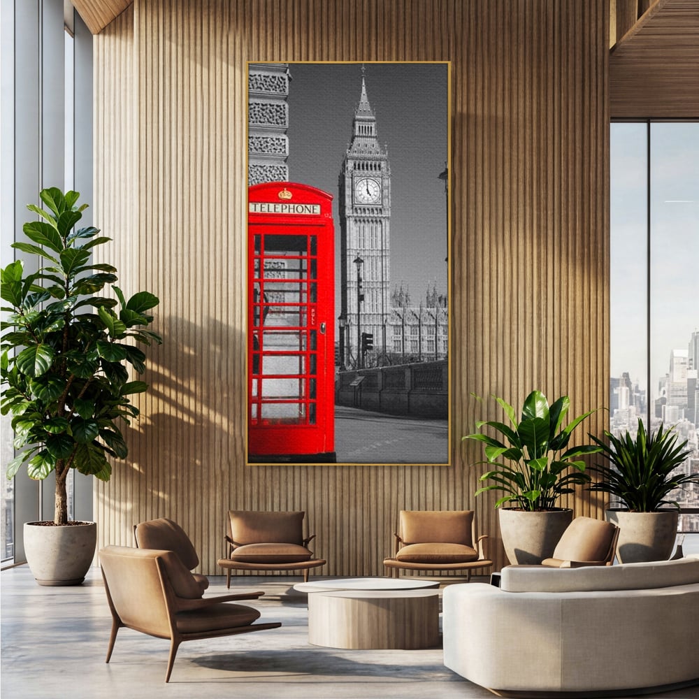 Tablou Canvas Premium, LuxCanva® O1038, Fereastra spre Londra, Britanic, Big Ben, Cabina Telefon, Londra, Capitala, Monarhie, Calatorie, Arhitectura, Traditie, Istorie, Rosu, Birou, Living, Dormitor