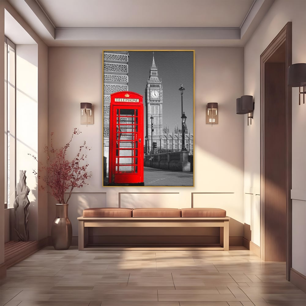 Tablou Canvas Premium, LuxCanva® O1038, Fereastra spre Londra, Britanic, Big Ben, Cabina Telefon, Londra, Capitala, Monarhie, Calatorie, Arhitectura, Traditie, Istorie, Rosu, Birou, Living, Dormitor