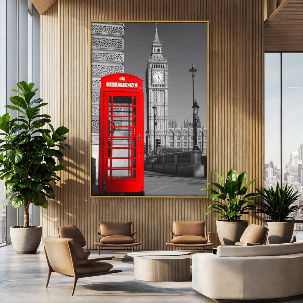 Tablou Canvas Premium, LuxCanva® O1038, Fereastra spre Londra, Britanic, Big Ben, Cabina Telefon, Londra, Capitala, Monarhie, Calatorie, Arhitectura, Traditie, Istorie, Rosu, Birou, Living, Dormitor