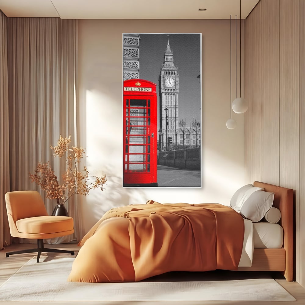 Tablou Canvas Premium, LuxCanva® O1038, Fereastra spre Londra, Britanic, Big Ben, Cabina Telefon, Londra, Capitala, Monarhie, Calatorie, Arhitectura, Traditie, Istorie, Rosu, Birou, Living, Dormitor