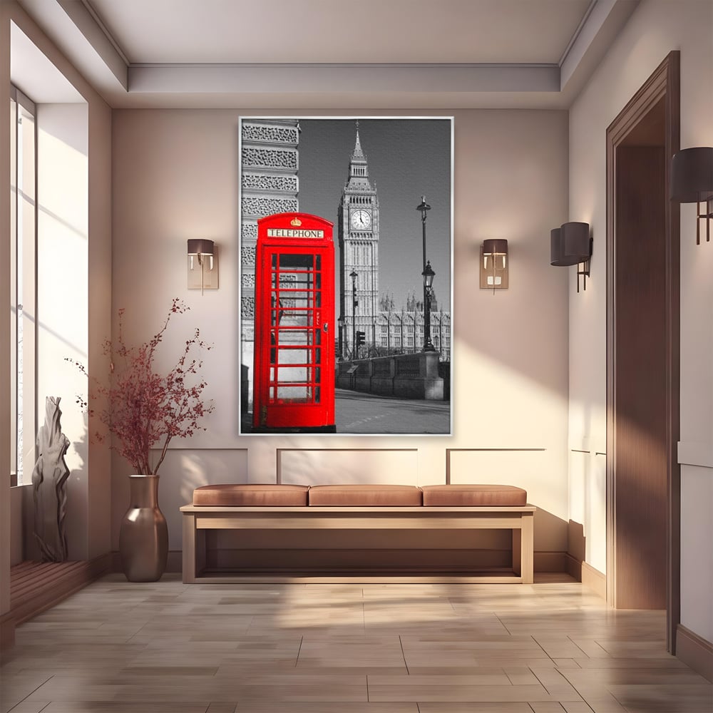 Tablou Canvas Premium, LuxCanva® O1038, Fereastra spre Londra, Britanic, Big Ben, Cabina Telefon, Londra, Capitala, Monarhie, Calatorie, Arhitectura, Traditie, Istorie, Rosu, Birou, Living, Dormitor