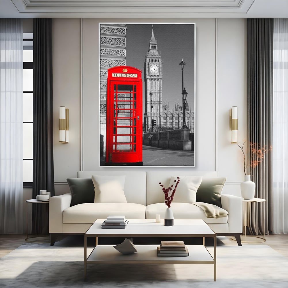 Tablou Canvas Premium, LuxCanva® O1038, Fereastra spre Londra, Britanic, Big Ben, Cabina Telefon, Londra, Capitala, Monarhie, Calatorie, Arhitectura, Traditie, Istorie, Rosu, Birou, Living, Dormitor