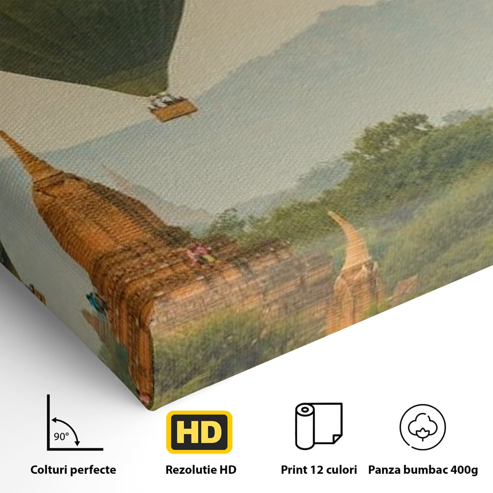 Tablou Canvas Premium, LuxCanva® O1040, Aventura in Myanmar, Zbor, Balon, Aur, Templu, Cer, Pamant, Magie, Asia, Calatorie, Rasarit, Libertate, Budism, Pagode, Liniste, Birou, Living, Dormitor