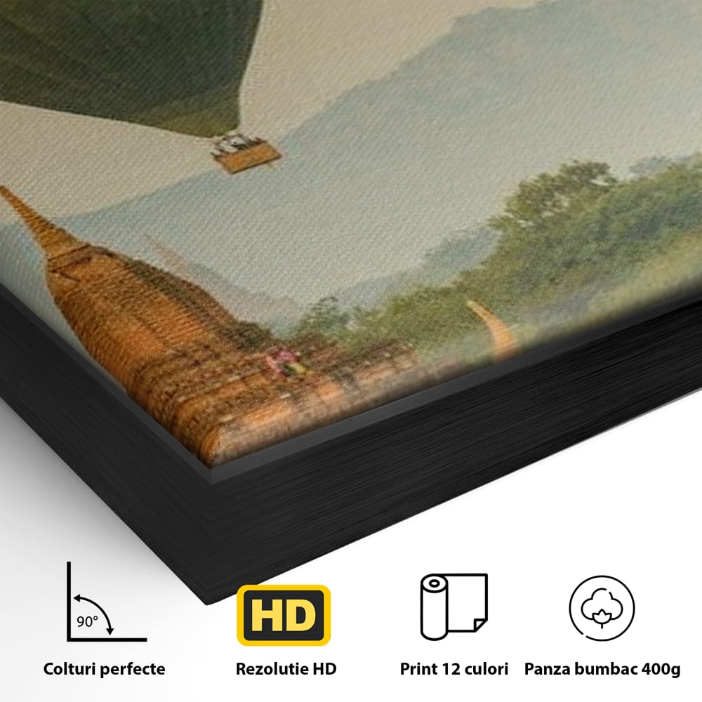 Tablou Canvas Premium, LuxCanva® O1040, Aventura in Myanmar, Zbor, Balon, Aur, Templu, Cer, Pamant, Magie, Asia, Calatorie, Rasarit, Libertate, Budism, Pagode, Liniste, Birou, Living, Dormitor