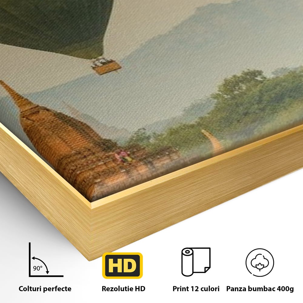 Tablou Canvas Premium, LuxCanva® O1040, Aventura in Myanmar, Zbor, Balon, Aur, Templu, Cer, Pamant, Magie, Asia, Calatorie, Rasarit, Libertate, Budism, Pagode, Liniste, Birou, Living, Dormitor