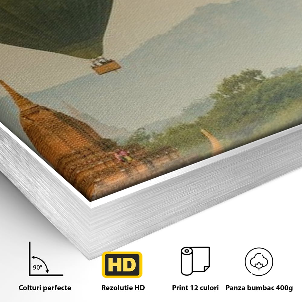 Tablou Canvas Premium, LuxCanva® O1040, Aventura in Myanmar, Zbor, Balon, Aur, Templu, Cer, Pamant, Magie, Asia, Calatorie, Rasarit, Libertate, Budism, Pagode, Liniste, Birou, Living, Dormitor