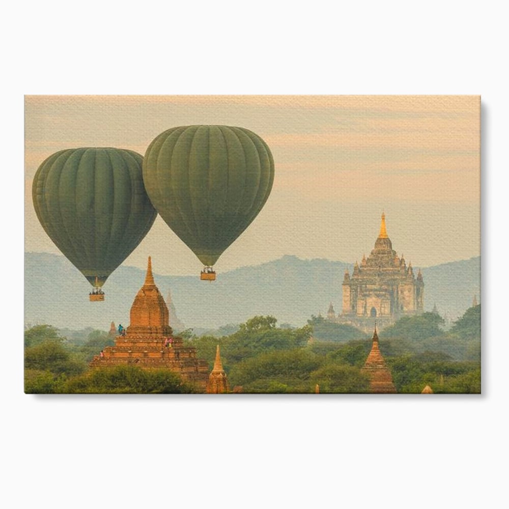 Tablou Canvas Premium, LuxCanva® O1040, Aventura in Myanmar, Zbor, Balon, Aur, Templu, Cer, Pamant, Magie, Asia, Calatorie, Rasarit, Libertate, Budism, Pagode, Liniste, Birou, Living, Dormitor