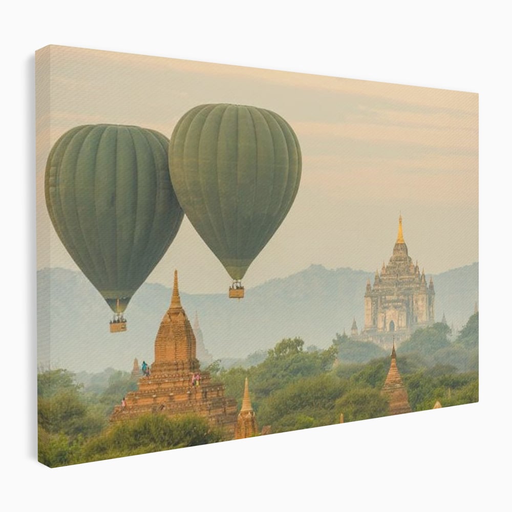 Tablou Canvas Premium, LuxCanva® O1040, Aventura in Myanmar, Zbor, Balon, Aur, Templu, Cer, Pamant, Magie, Asia, Calatorie, Rasarit, Libertate, Budism, Pagode, Liniste, Birou, Living, Dormitor