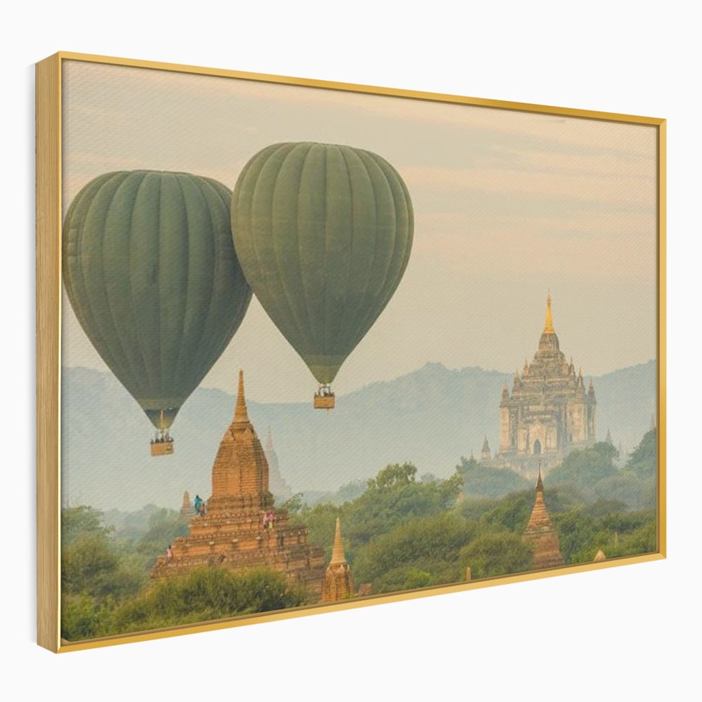 Tablou Canvas Premium, LuxCanva® O1040, Aventura in Myanmar, Zbor, Balon, Aur, Templu, Cer, Pamant, Magie, Asia, Calatorie, Rasarit, Libertate, Budism, Pagode, Liniste, Birou, Living, Dormitor
