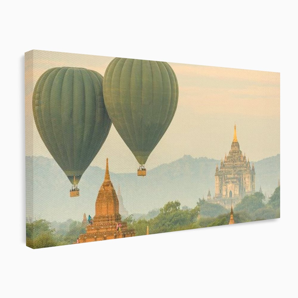 Tablou Canvas Premium, LuxCanva® O1040, Aventura in Myanmar, Zbor, Balon, Aur, Templu, Cer, Pamant, Magie, Asia, Calatorie, Rasarit, Libertate, Budism, Pagode, Liniste, Birou, Living, Dormitor