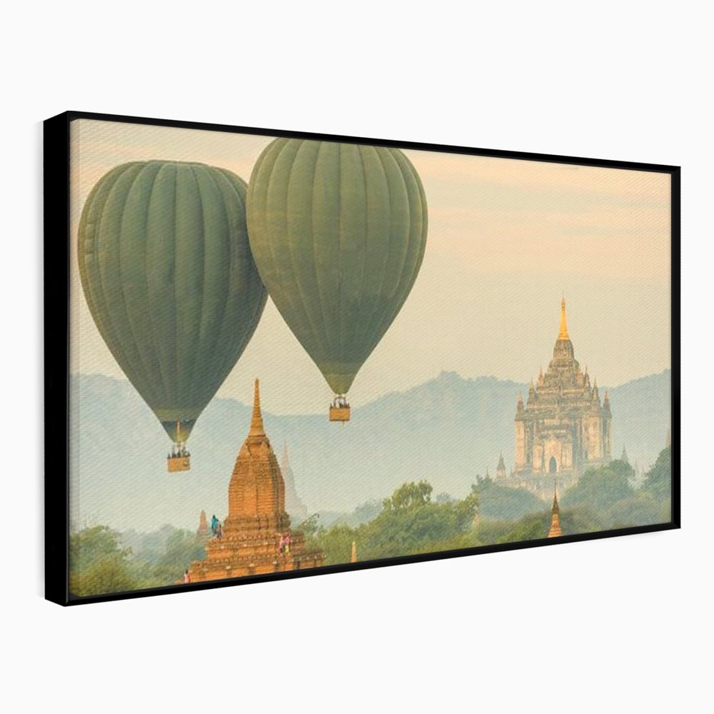 Tablou Canvas Premium, LuxCanva® O1040, Aventura in Myanmar, Zbor, Balon, Aur, Templu, Cer, Pamant, Magie, Asia, Calatorie, Rasarit, Libertate, Budism, Pagode, Liniste, Birou, Living, Dormitor
