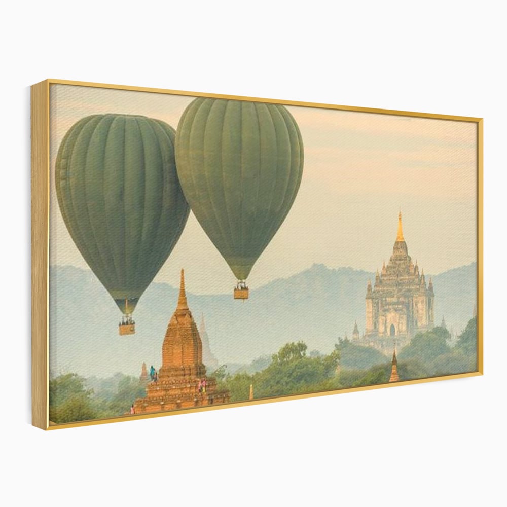 Tablou Canvas Premium, LuxCanva® O1040, Aventura in Myanmar, Zbor, Balon, Aur, Templu, Cer, Pamant, Magie, Asia, Calatorie, Rasarit, Libertate, Budism, Pagode, Liniste, Birou, Living, Dormitor