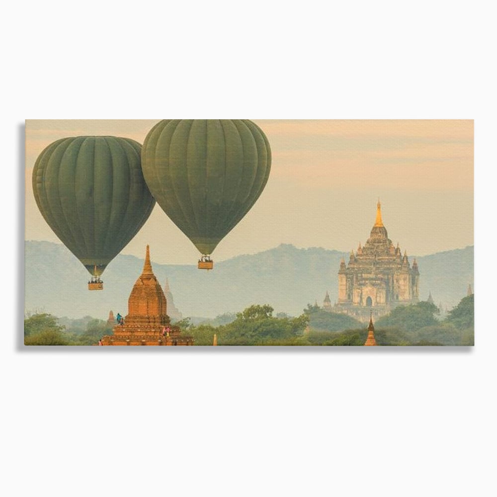 Tablou Canvas Premium, LuxCanva® O1040, Aventura in Myanmar, Zbor, Balon, Aur, Templu, Cer, Pamant, Magie, Asia, Calatorie, Rasarit, Libertate, Budism, Pagode, Liniste, Birou, Living, Dormitor