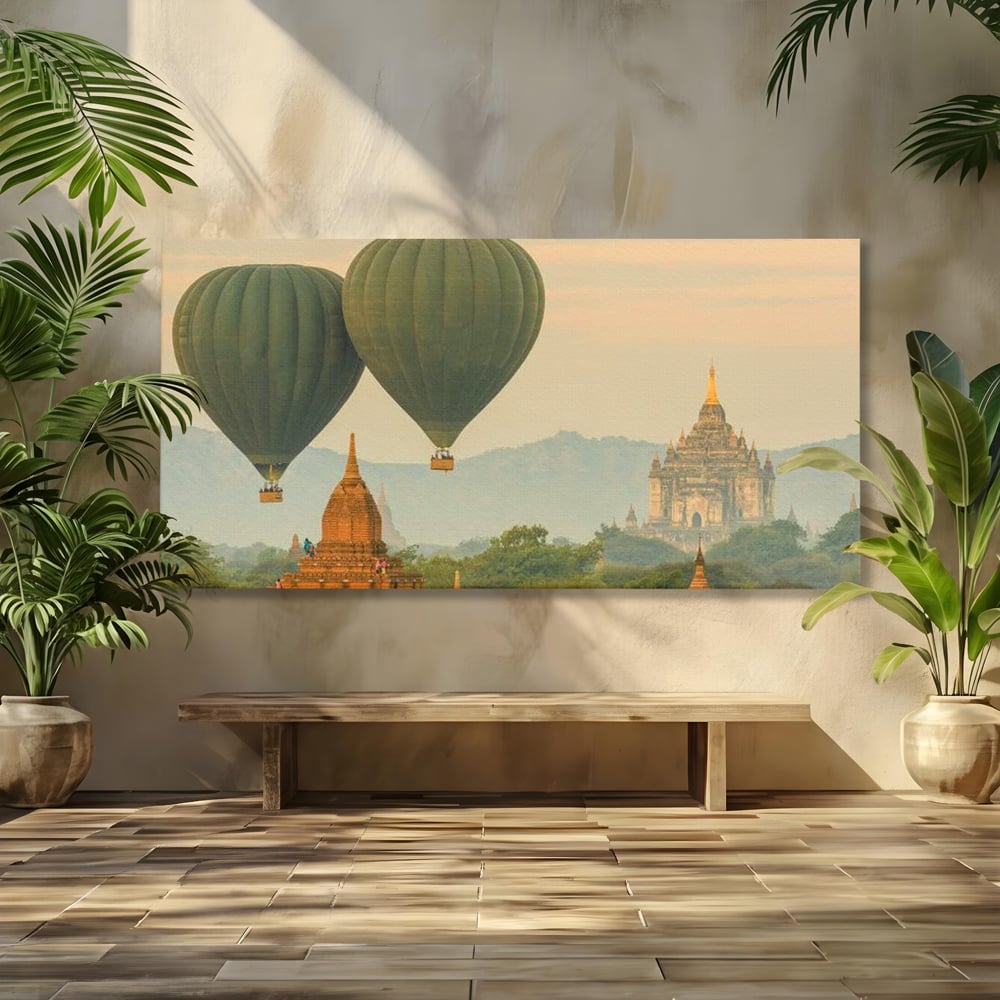 Tablou Canvas Premium, LuxCanva® O1040, Aventura in Myanmar, Zbor, Balon, Aur, Templu, Cer, Pamant, Magie, Asia, Calatorie, Rasarit, Libertate, Budism, Pagode, Liniste, Birou, Living, Dormitor