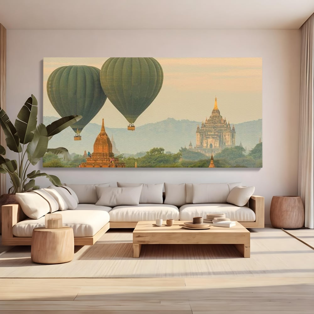 Tablou Canvas Premium, LuxCanva® O1040, Aventura in Myanmar, Zbor, Balon, Aur, Templu, Cer, Pamant, Magie, Asia, Calatorie, Rasarit, Libertate, Budism, Pagode, Liniste, Birou, Living, Dormitor