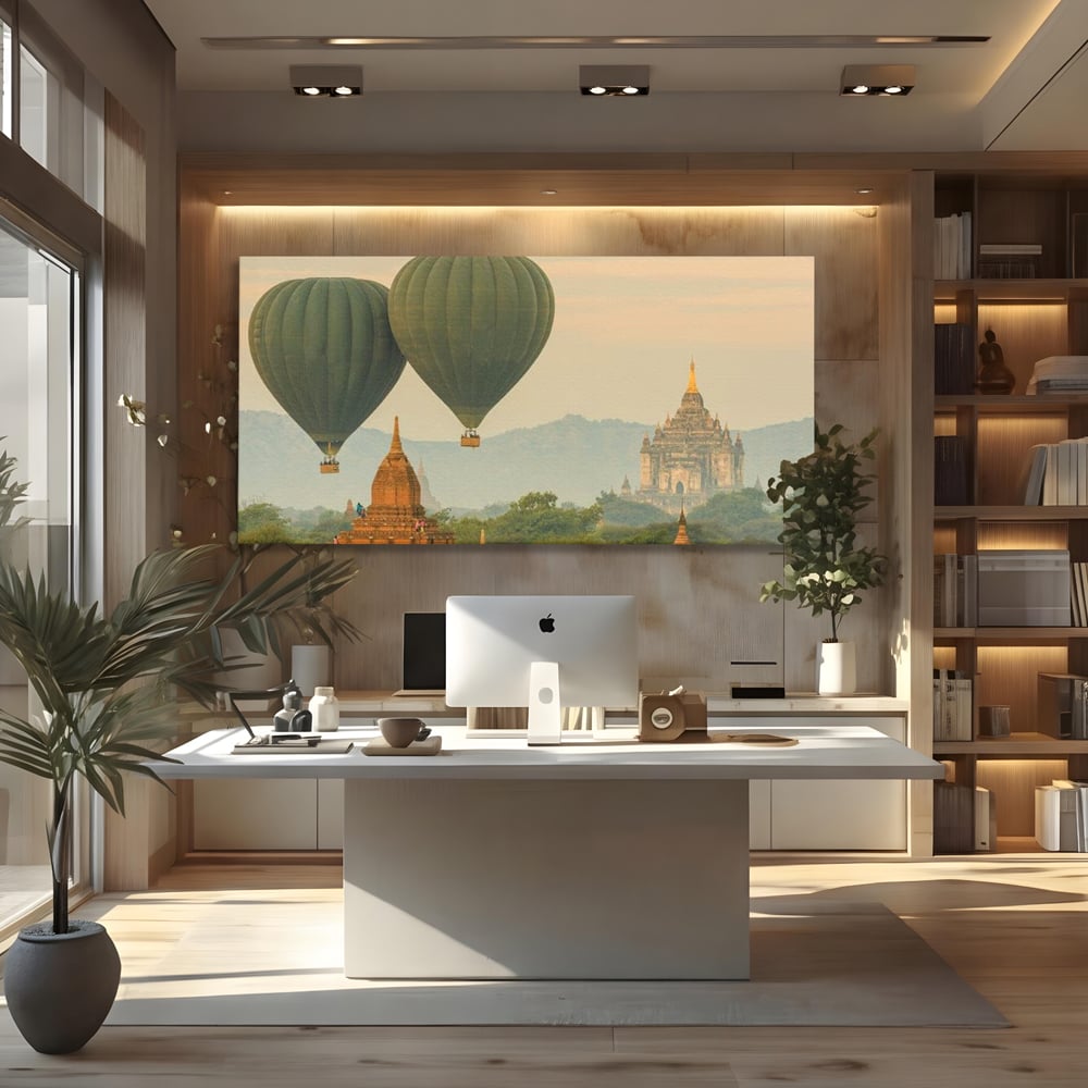 Tablou Canvas Premium, LuxCanva® O1040, Aventura in Myanmar, Zbor, Balon, Aur, Templu, Cer, Pamant, Magie, Asia, Calatorie, Rasarit, Libertate, Budism, Pagode, Liniste, Birou, Living, Dormitor