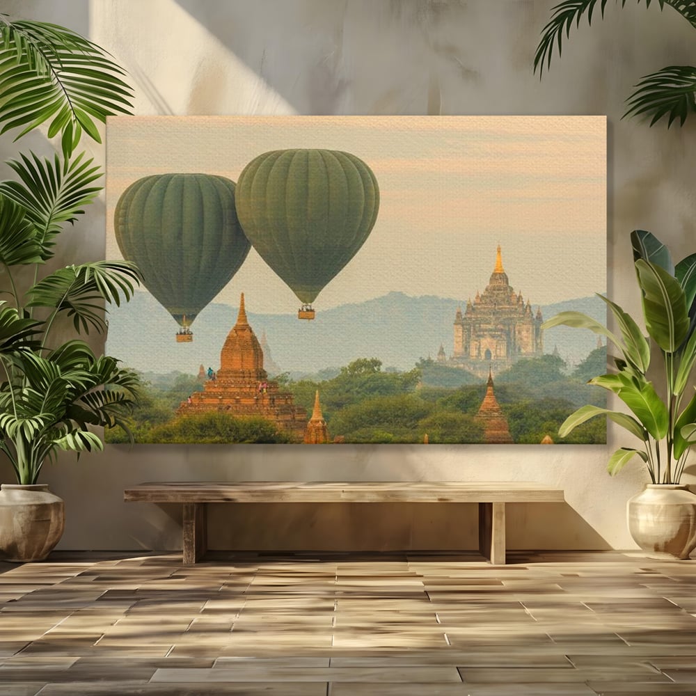 Tablou Canvas Premium, LuxCanva® O1040, Aventura in Myanmar, Zbor, Balon, Aur, Templu, Cer, Pamant, Magie, Asia, Calatorie, Rasarit, Libertate, Budism, Pagode, Liniste, Birou, Living, Dormitor