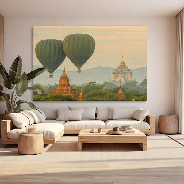 Tablou Canvas Premium, LuxCanva® O1040, Aventura in Myanmar, Zbor, Balon, Aur, Templu, Cer, Pamant, Magie, Asia, Calatorie, Rasarit, Libertate, Budism, Pagode, Liniste, Birou, Living, Dormitor