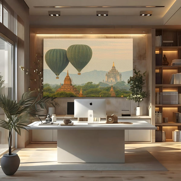 Tablou Canvas Premium, LuxCanva® O1040, Aventura in Myanmar, Zbor, Balon, Aur, Templu, Cer, Pamant, Magie, Asia, Calatorie, Rasarit, Libertate, Budism, Pagode, Liniste, Birou, Living, Dormitor
