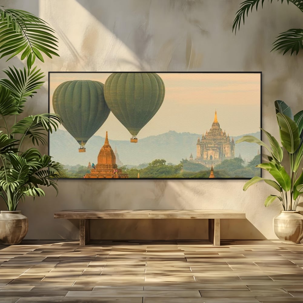 Tablou Canvas Premium, LuxCanva® O1040, Aventura in Myanmar, Zbor, Balon, Aur, Templu, Cer, Pamant, Magie, Asia, Calatorie, Rasarit, Libertate, Budism, Pagode, Liniste, Birou, Living, Dormitor