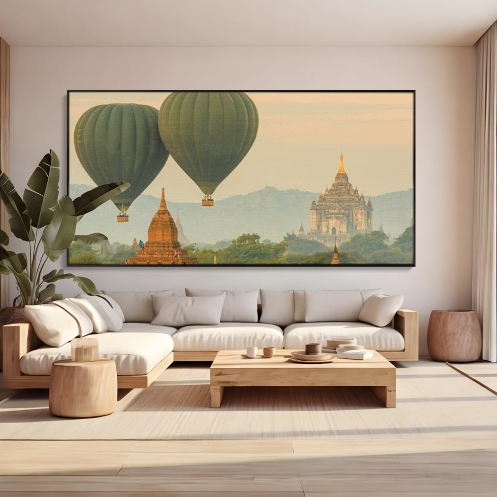 Tablou Canvas Premium, LuxCanva® O1040, Aventura in Myanmar, Zbor, Balon, Aur, Templu, Cer, Pamant, Magie, Asia, Calatorie, Rasarit, Libertate, Budism, Pagode, Liniste, Birou, Living, Dormitor