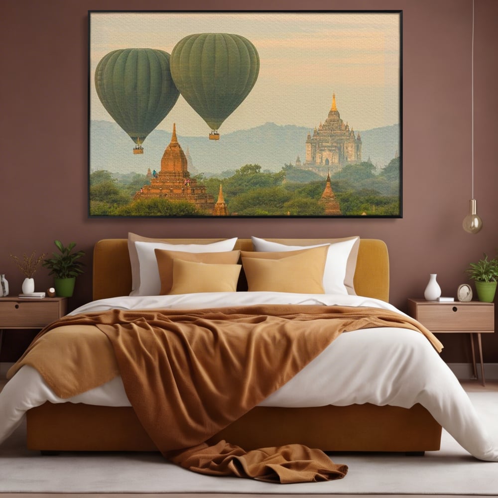 Tablou Canvas Premium, LuxCanva® O1040, Aventura in Myanmar, Zbor, Balon, Aur, Templu, Cer, Pamant, Magie, Asia, Calatorie, Rasarit, Libertate, Budism, Pagode, Liniste, Birou, Living, Dormitor
