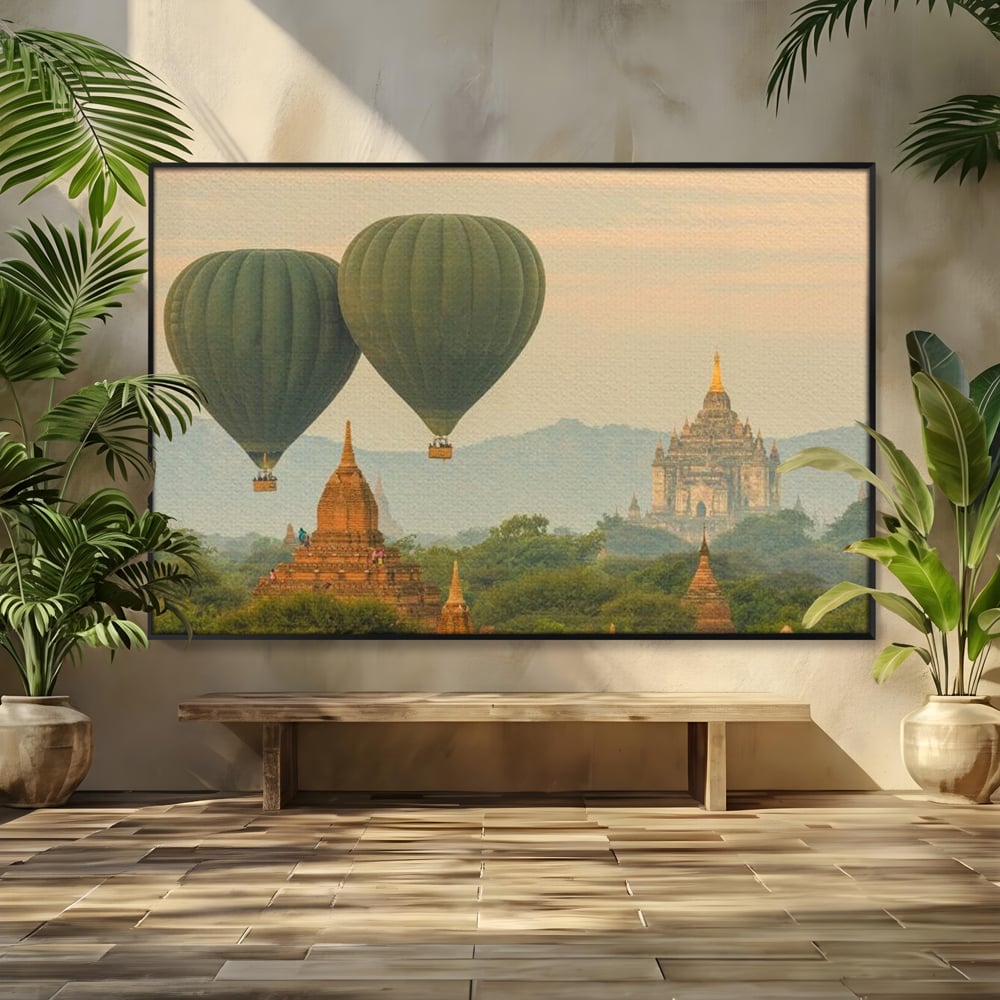 Tablou Canvas Premium, LuxCanva® O1040, Aventura in Myanmar, Zbor, Balon, Aur, Templu, Cer, Pamant, Magie, Asia, Calatorie, Rasarit, Libertate, Budism, Pagode, Liniste, Birou, Living, Dormitor