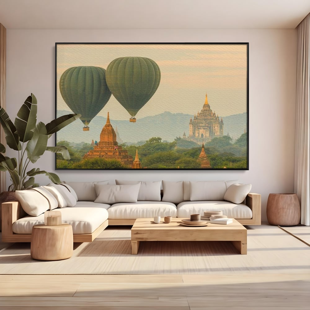 Tablou Canvas Premium, LuxCanva® O1040, Aventura in Myanmar, Zbor, Balon, Aur, Templu, Cer, Pamant, Magie, Asia, Calatorie, Rasarit, Libertate, Budism, Pagode, Liniste, Birou, Living, Dormitor