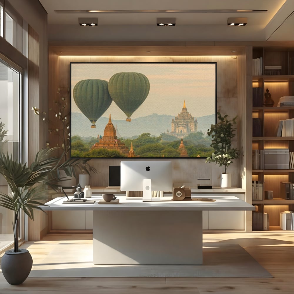 Tablou Canvas Premium, LuxCanva® O1040, Aventura in Myanmar, Zbor, Balon, Aur, Templu, Cer, Pamant, Magie, Asia, Calatorie, Rasarit, Libertate, Budism, Pagode, Liniste, Birou, Living, Dormitor