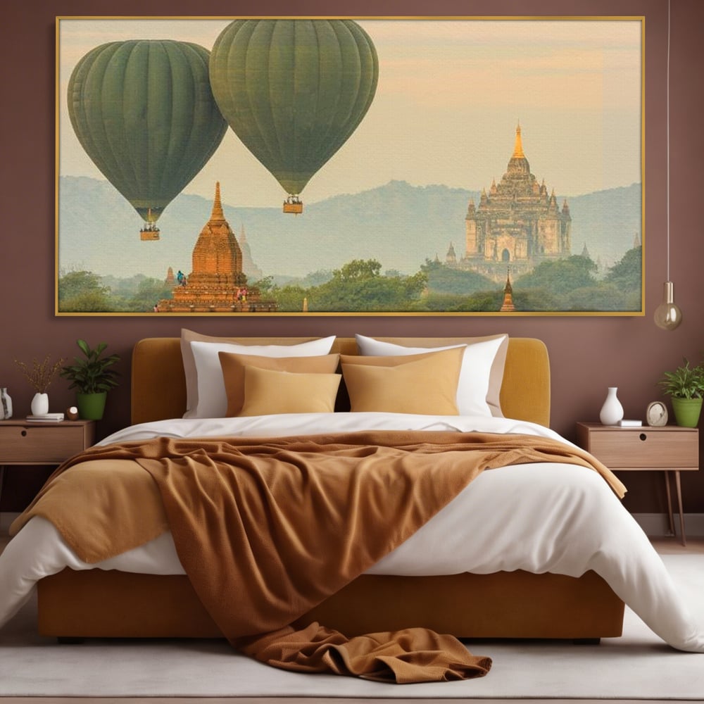 Tablou Canvas Premium, LuxCanva® O1040, Aventura in Myanmar, Zbor, Balon, Aur, Templu, Cer, Pamant, Magie, Asia, Calatorie, Rasarit, Libertate, Budism, Pagode, Liniste, Birou, Living, Dormitor