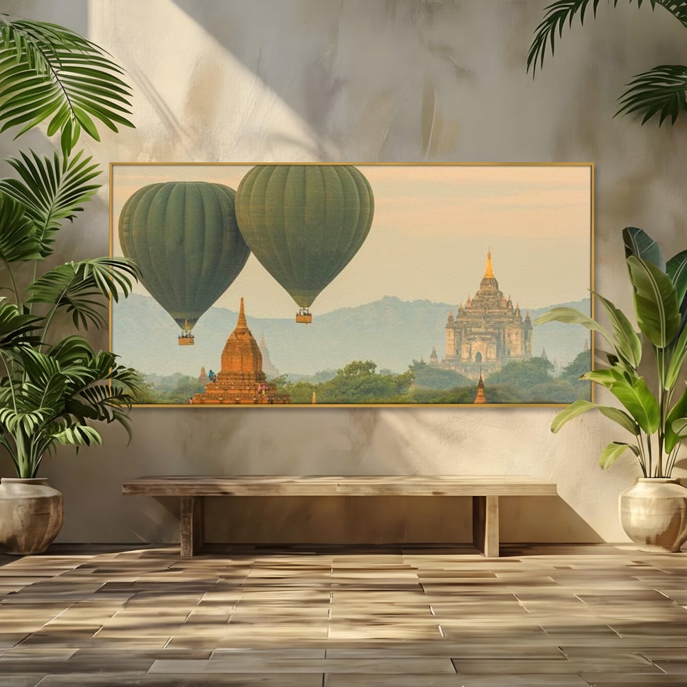 Tablou Canvas Premium, LuxCanva® O1040, Aventura in Myanmar, Zbor, Balon, Aur, Templu, Cer, Pamant, Magie, Asia, Calatorie, Rasarit, Libertate, Budism, Pagode, Liniste, Birou, Living, Dormitor
