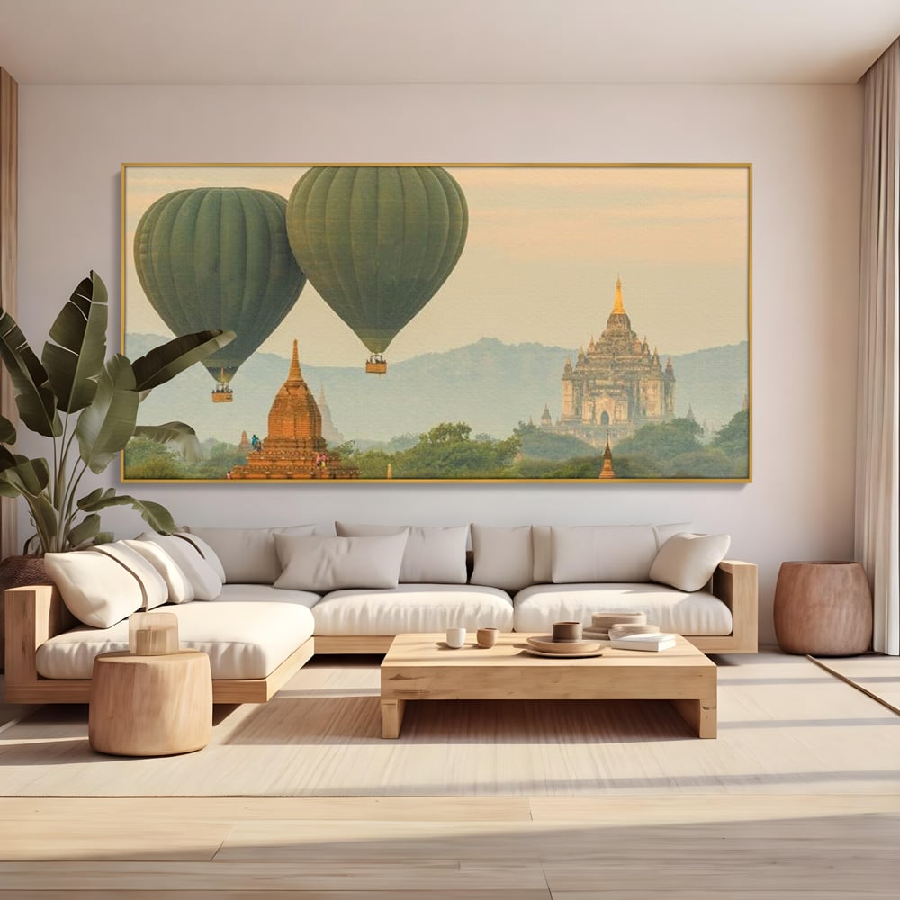 Tablou Canvas Premium, LuxCanva® O1040, Aventura in Myanmar, Zbor, Balon, Aur, Templu, Cer, Pamant, Magie, Asia, Calatorie, Rasarit, Libertate, Budism, Pagode, Liniste, Birou, Living, Dormitor