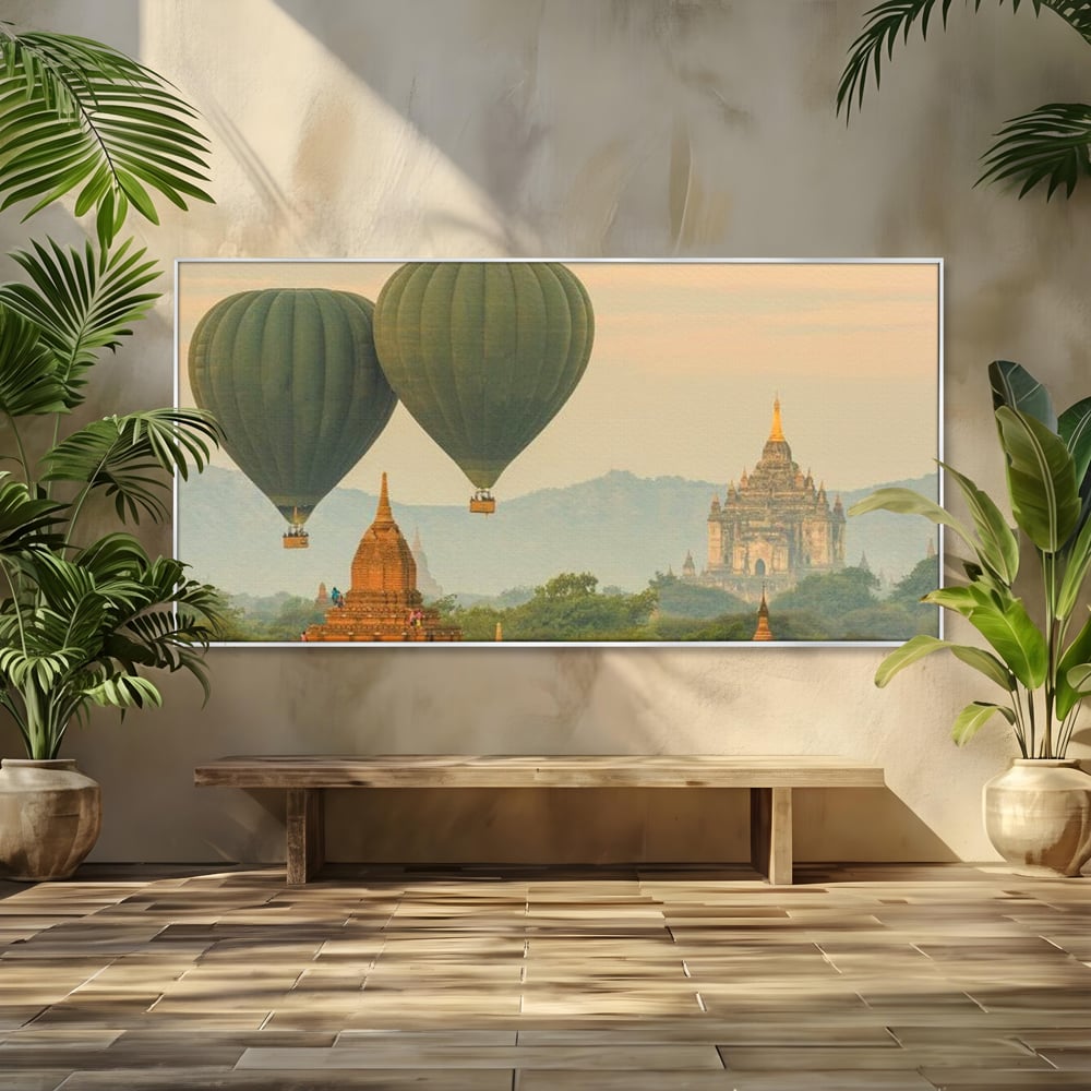 Tablou Canvas Premium, LuxCanva® O1040, Aventura in Myanmar, Zbor, Balon, Aur, Templu, Cer, Pamant, Magie, Asia, Calatorie, Rasarit, Libertate, Budism, Pagode, Liniste, Birou, Living, Dormitor