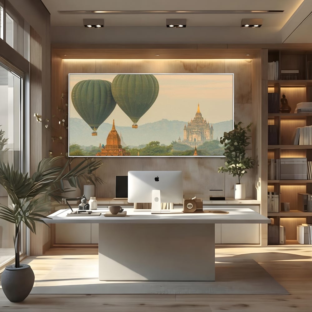 Tablou Canvas Premium, LuxCanva® O1040, Aventura in Myanmar, Zbor, Balon, Aur, Templu, Cer, Pamant, Magie, Asia, Calatorie, Rasarit, Libertate, Budism, Pagode, Liniste, Birou, Living, Dormitor