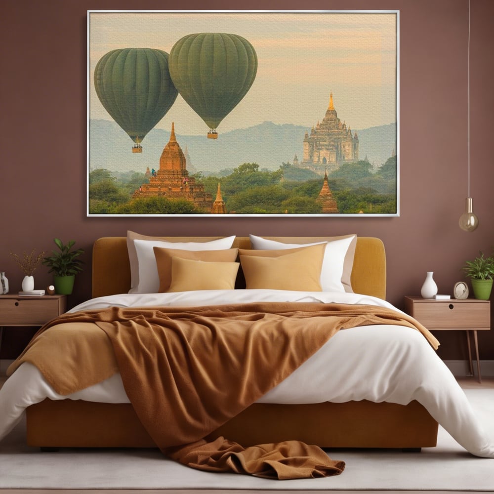 Tablou Canvas Premium, LuxCanva® O1040, Aventura in Myanmar, Zbor, Balon, Aur, Templu, Cer, Pamant, Magie, Asia, Calatorie, Rasarit, Libertate, Budism, Pagode, Liniste, Birou, Living, Dormitor