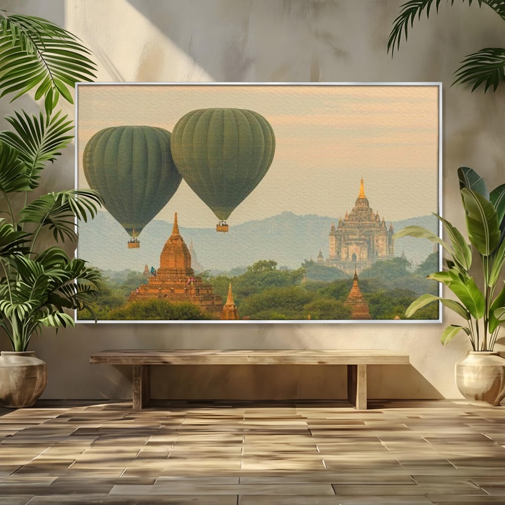 Tablou Canvas Premium, LuxCanva® O1040, Aventura in Myanmar, Zbor, Balon, Aur, Templu, Cer, Pamant, Magie, Asia, Calatorie, Rasarit, Libertate, Budism, Pagode, Liniste, Birou, Living, Dormitor
