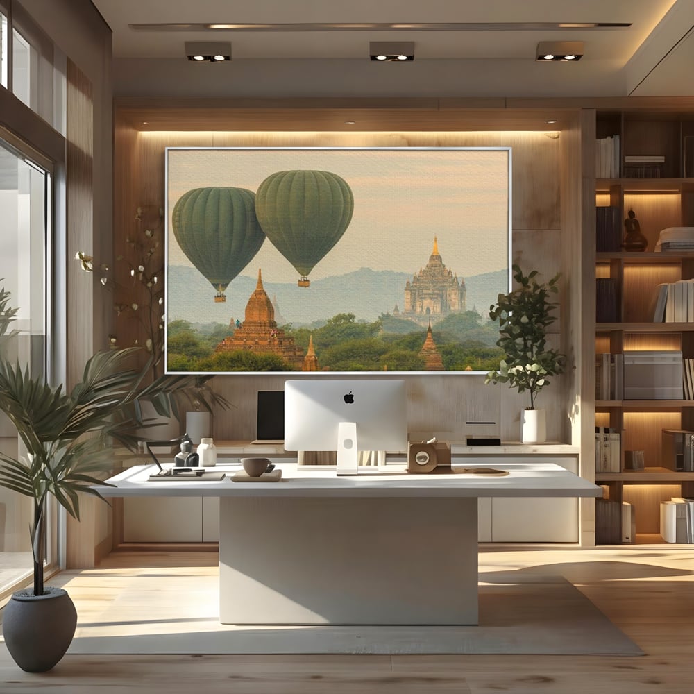 Tablou Canvas Premium, LuxCanva® O1040, Aventura in Myanmar, Zbor, Balon, Aur, Templu, Cer, Pamant, Magie, Asia, Calatorie, Rasarit, Libertate, Budism, Pagode, Liniste, Birou, Living, Dormitor
