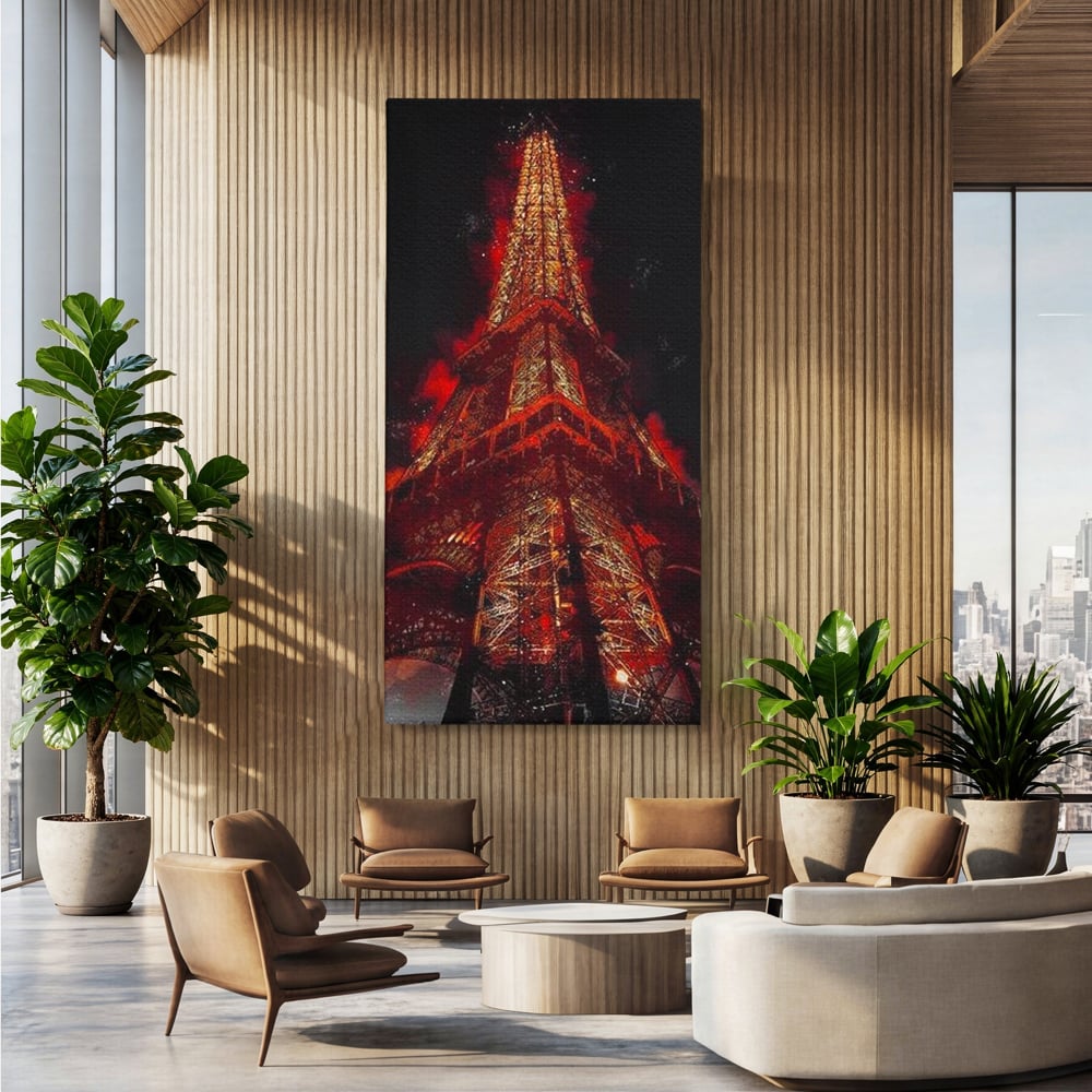 Tablou Canvas Premium, LuxCanva® O1043, Parisul in Rosu, Turn, Eiffel, Flacari, Lumina, Iubire, Elegant, Parizian, Fascinant, Pasiune, Oras, Capitala, Europa, Atractie, Turist, Birou, Living, Dormitor