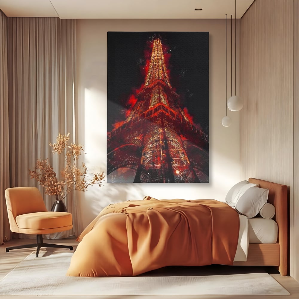 Tablou Canvas Premium, LuxCanva® O1043, Parisul in Rosu, Turn, Eiffel, Flacari, Lumina, Iubire, Elegant, Parizian, Fascinant, Pasiune, Oras, Capitala, Europa, Atractie, Turist, Birou, Living, Dormitor