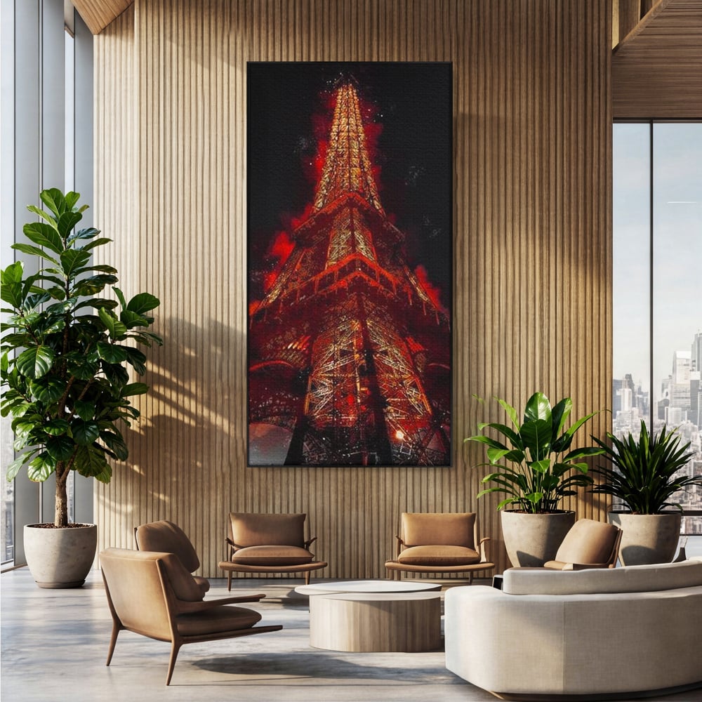 Tablou Canvas Premium, LuxCanva® O1043, Parisul in Rosu, Turn, Eiffel, Flacari, Lumina, Iubire, Elegant, Parizian, Fascinant, Pasiune, Oras, Capitala, Europa, Atractie, Turist, Birou, Living, Dormitor