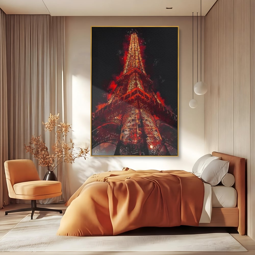 Tablou Canvas Premium, LuxCanva® O1043, Parisul in Rosu, Turn, Eiffel, Flacari, Lumina, Iubire, Elegant, Parizian, Fascinant, Pasiune, Oras, Capitala, Europa, Atractie, Turist, Birou, Living, Dormitor