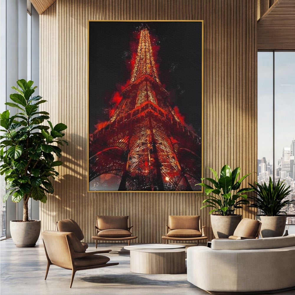 Tablou Canvas Premium, LuxCanva® O1043, Parisul in Rosu, Turn, Eiffel, Flacari, Lumina, Iubire, Elegant, Parizian, Fascinant, Pasiune, Oras, Capitala, Europa, Atractie, Turist, Birou, Living, Dormitor