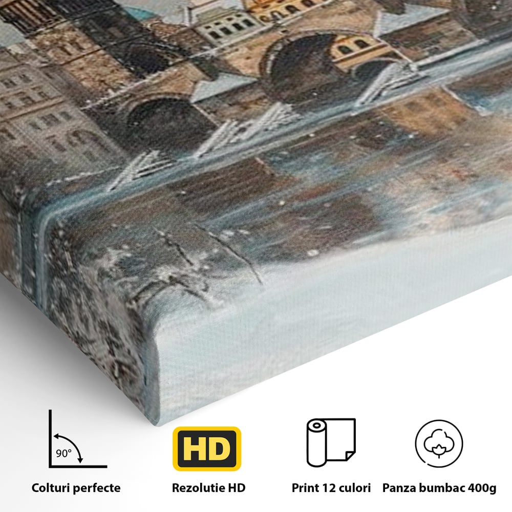 Tablou Canvas Premium, LuxCanva® O1044, Podul Carol in Zapada, Praga, Iarna, Magie, Ceh, Poveste, Farmec, Medieval, Cladire, Istorie, Capitala, Turn, Gotic, Armonie, Frumos, Birou, Living, Dormitor