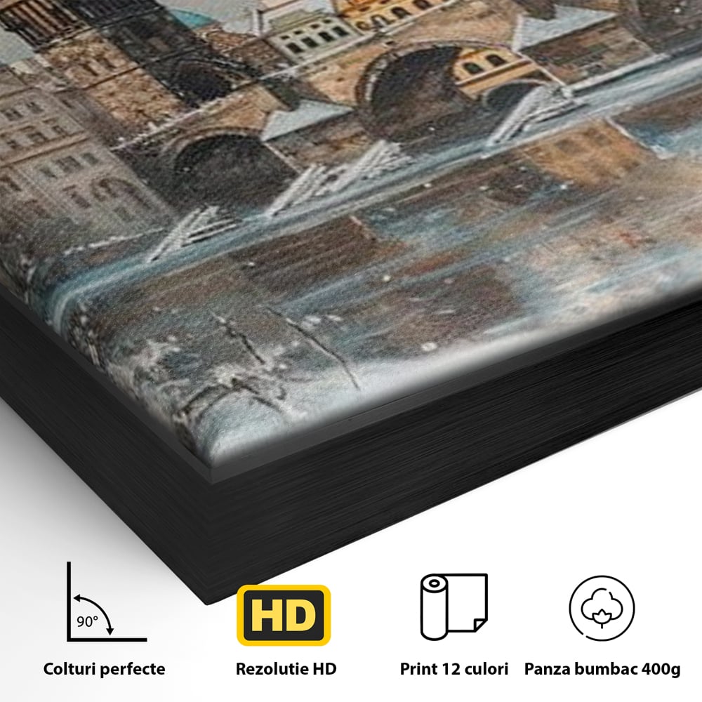 Tablou Canvas Premium, LuxCanva® O1044, Podul Carol in Zapada, Praga, Iarna, Magie, Ceh, Poveste, Farmec, Medieval, Cladire, Istorie, Capitala, Turn, Gotic, Armonie, Frumos, Birou, Living, Dormitor
