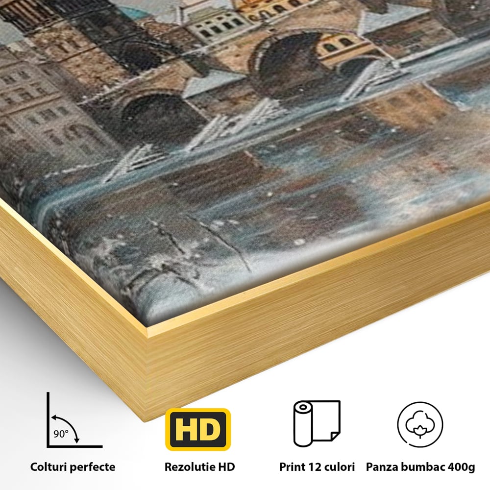 Tablou Canvas Premium, LuxCanva® O1044, Podul Carol in Zapada, Praga, Iarna, Magie, Ceh, Poveste, Farmec, Medieval, Cladire, Istorie, Capitala, Turn, Gotic, Armonie, Frumos, Birou, Living, Dormitor